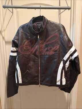 Boohoo Brown Leather Zip Jacket with White Stripe Accents